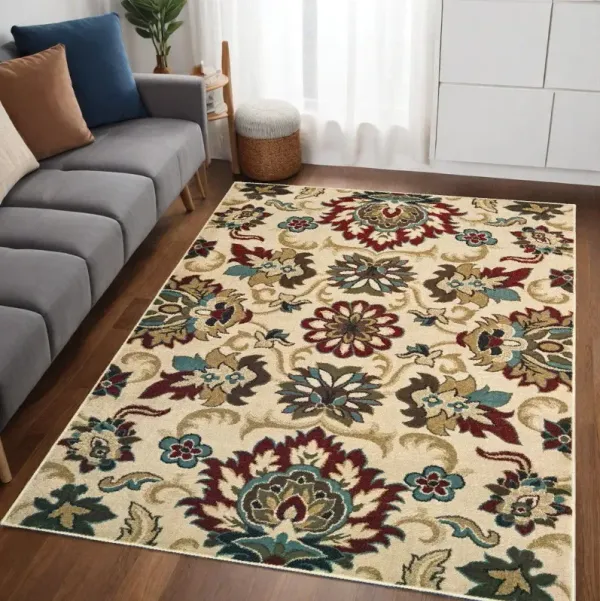5' x 7' Floral Vines Area Rug - Ivory And Red