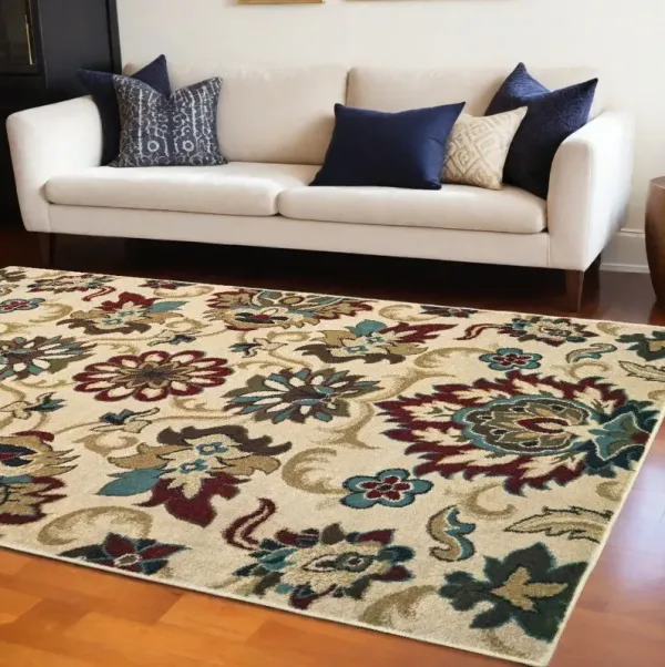 7' x 9' Floral Vines Area Rug - Ivory And Red