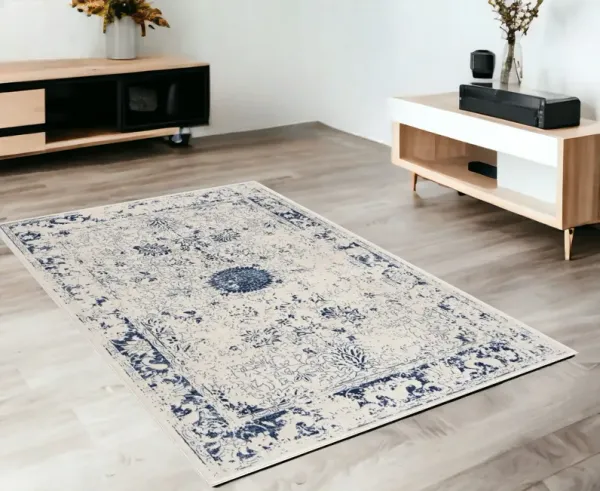 4' x 6' Distressed Floral Area Rug - Navy Blue