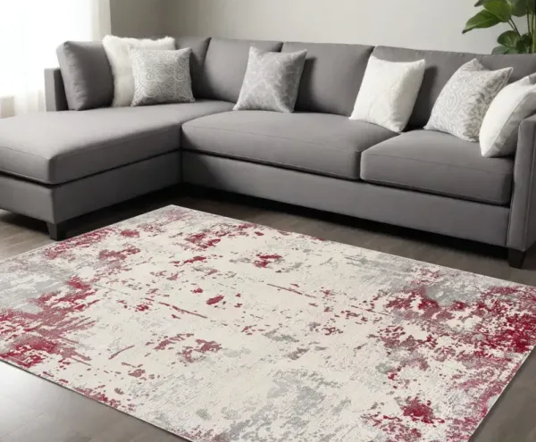 6' x 9' Abstract Area Rug - Ivory Red And Gray