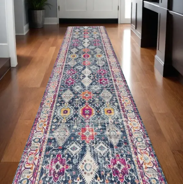 12' Runner Oriental Runner Rug - Blue And Ivory