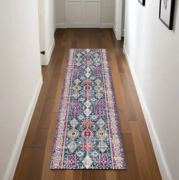 8' Runner Oriental Runner Rug - Blue And Ivory
