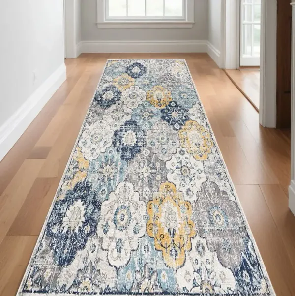 10' Runner Floral Runner Rug - Blue And Yellow