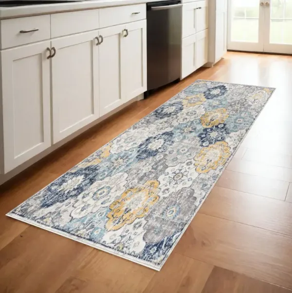 8' Runner Floral Runner Rug - Blue And Yellow