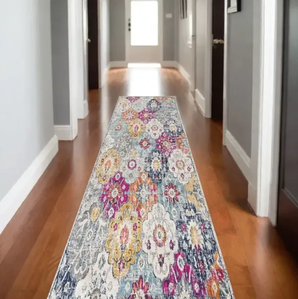 15' Runner Floral Runner Rug - Blue And Ivory