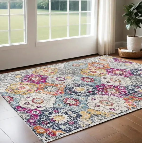 2' x 4' Floral Area Rug - Blue And Ivory