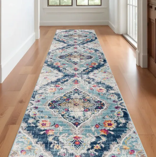 15' Runner Medallion Runner Rug - Blue And Ivory