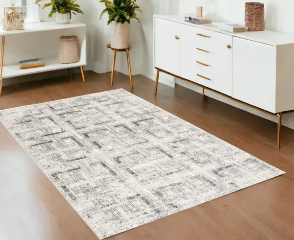 3.8' x 5.5' Abstract Power Loom Viscose Area Rug - Gray And Ivory