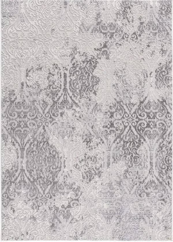 8' Damask Loomed Runner Rug - Cream Gray