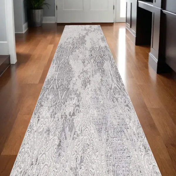 10' Damask Power Loom Runner Rug - Gray