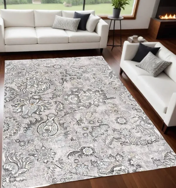 5.3' x 7.5' Damask Power Loom Area Rug - Gray