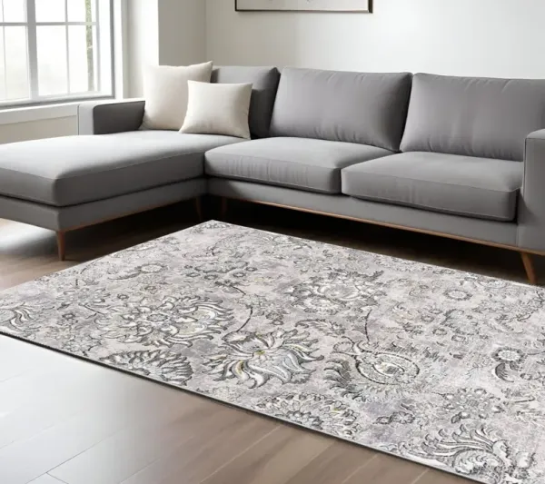 9' x 12' Floral Power Loom Area Rug - Gray And Ivory