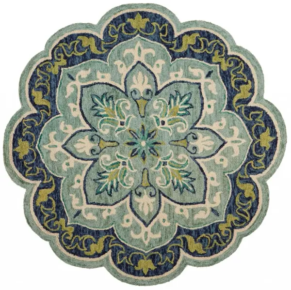 6' x 6' Round Wool Geometric Hand Tufted Area Rug - Blue And Green