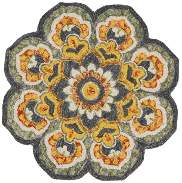 4' Round Floret Area Rug - Gray And Gold