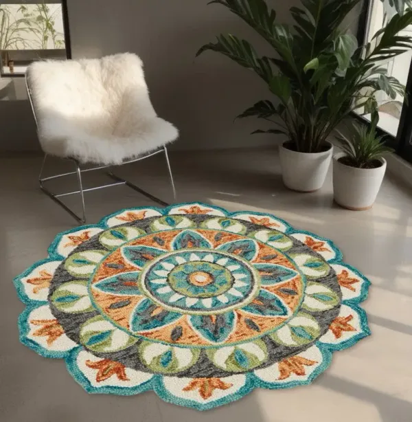 4' Round Medallion Area Rug - Blue And Orange