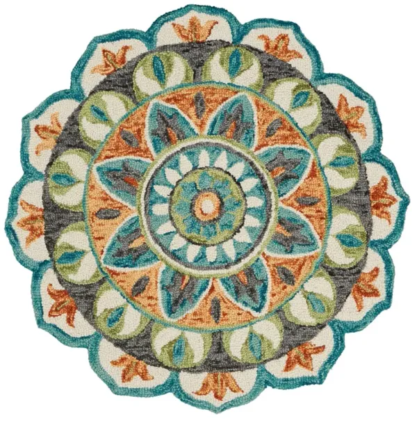 6' Round Wool Geometric Hand Tufted Area Rug - Blue And Green