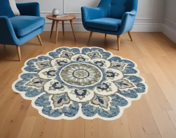 6' Wool Hand Tufted Round Rug - Ivory Teal Blue And Green