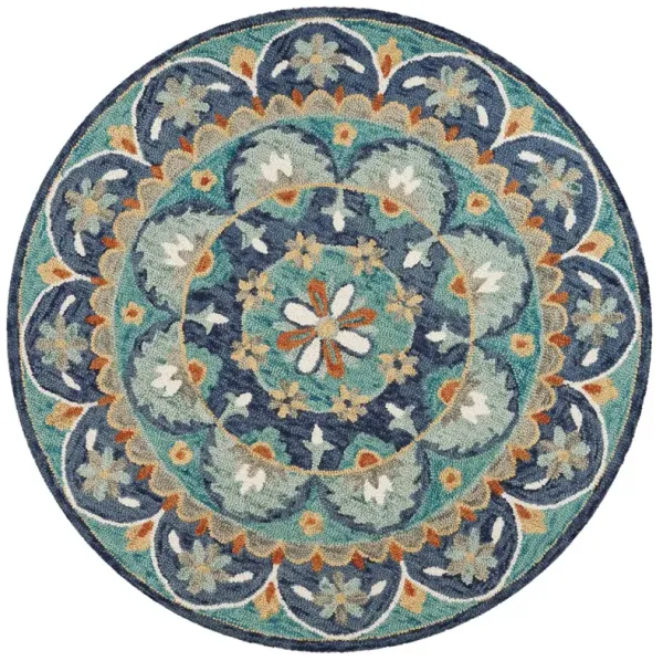 6' Round Wool Floral Hand Tufted Area Rug - Blue And Green