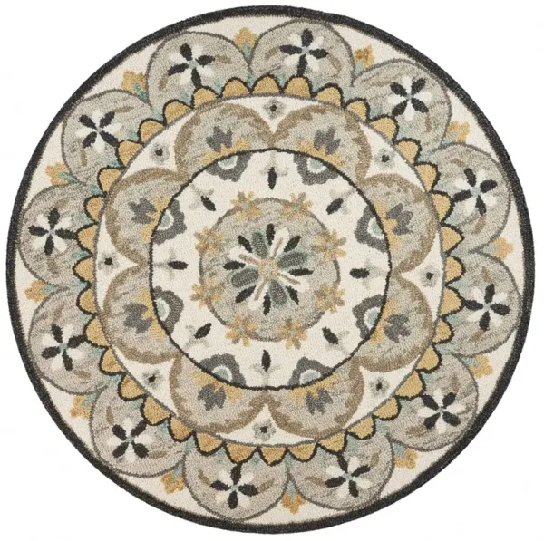 4' Round Floral Bloom Area Rug - Gray And Ivory