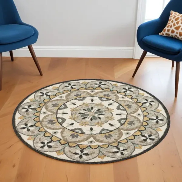 6' Round Wool Floral Handmade Area Rug - Gray And Ivory