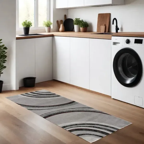 8' Geometric Power Loom Runner Rug - Gray And Black