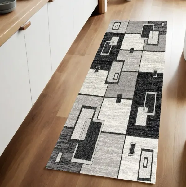 8' x 2.3' Geometric Power Loom Distressed Runner Rug - Gray And Black