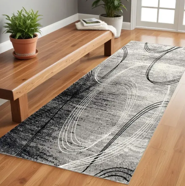 8' x 2.3' Abstract Power Loom Distressed Runner Rug - Gray And Black