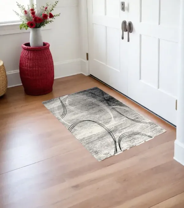 2.3' x 4' Abstract Dhurrie Polypropylene Area Rug - Gray