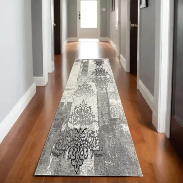20' Damask Dhurrie Runner Rug - Gray