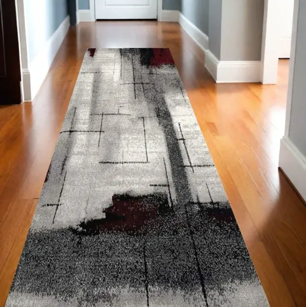 13' Abstract Shag Power Loom Runner Rug - Gray And Ivory