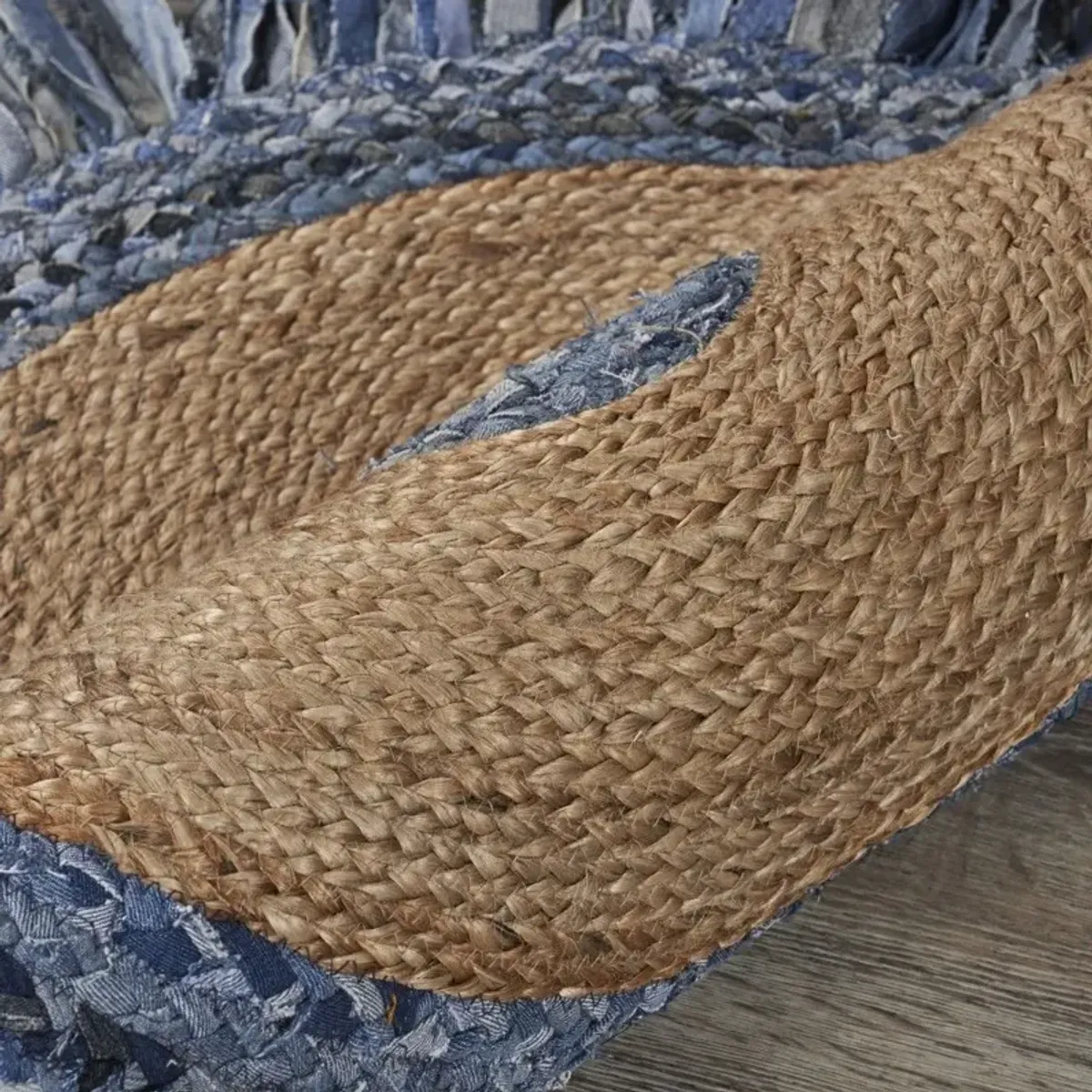 Jute Fringed Round Rug - Denim And Natural