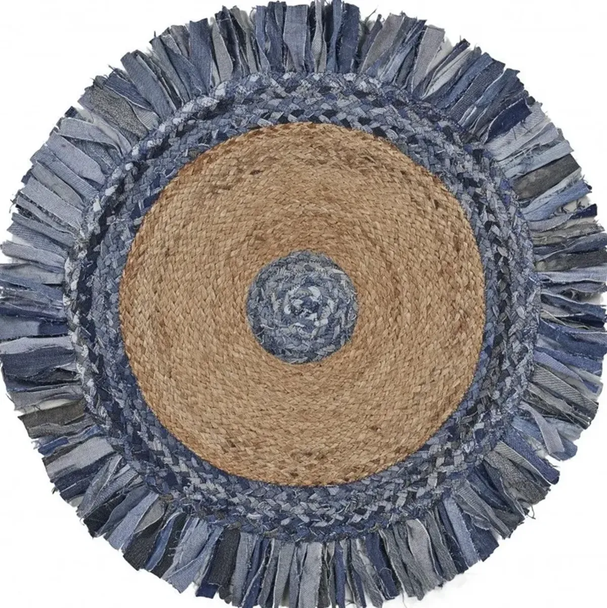 Jute Fringed Round Rug - Denim And Natural