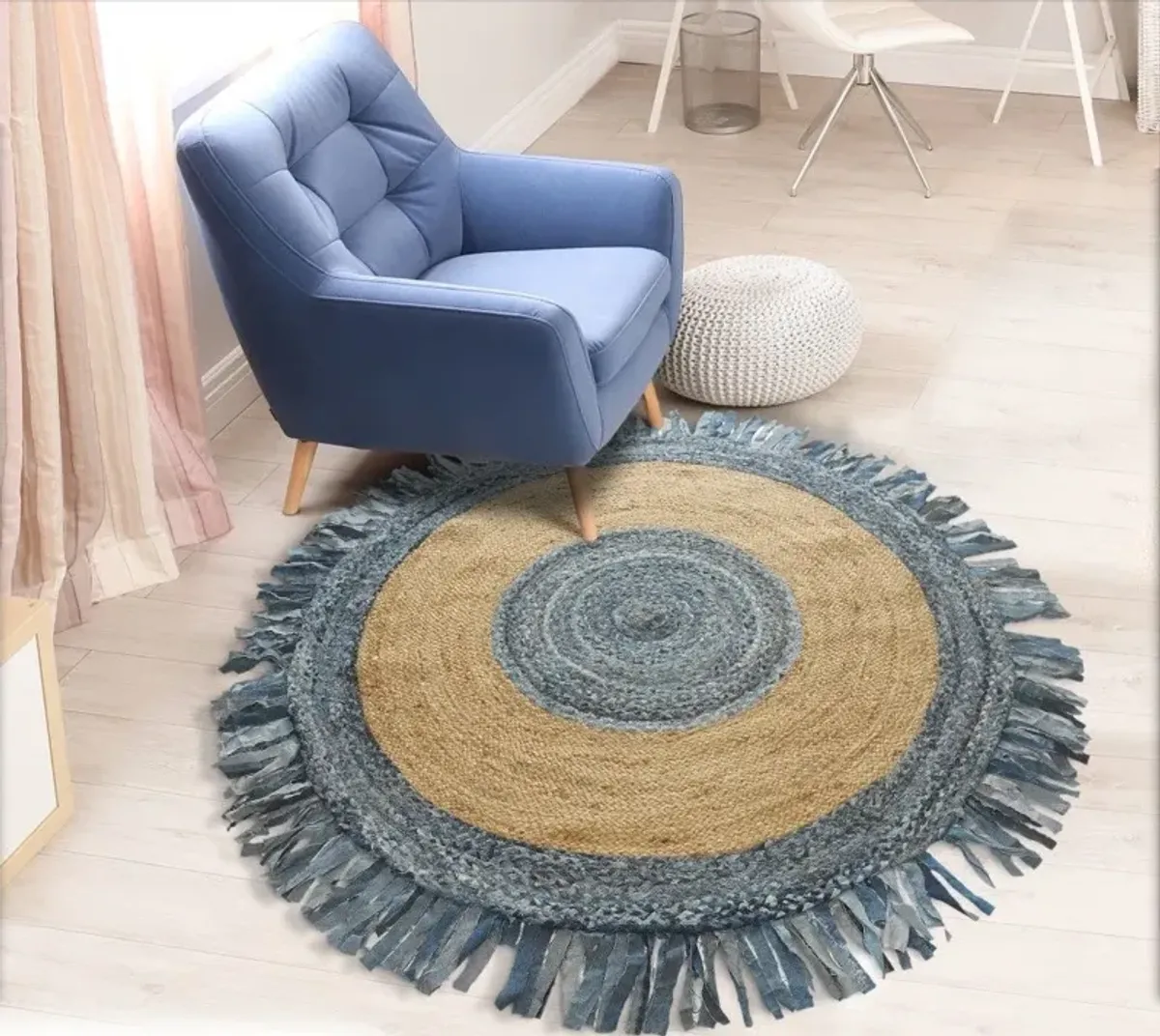 Jute Fringed Round Rug - Denim And Natural