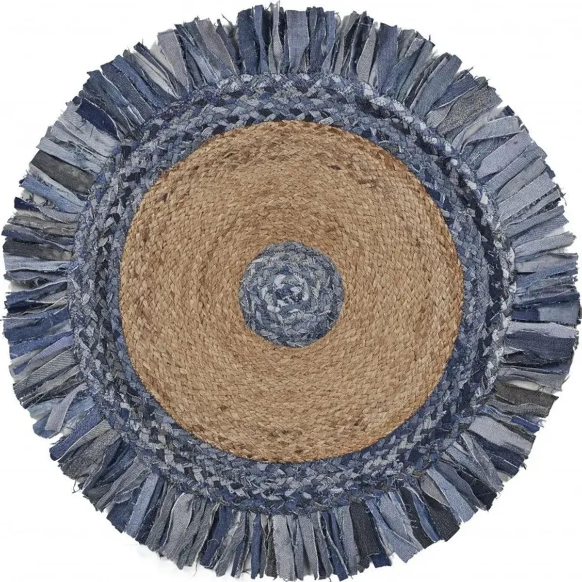 Jute Fringed Round Rug - Denim And Natural