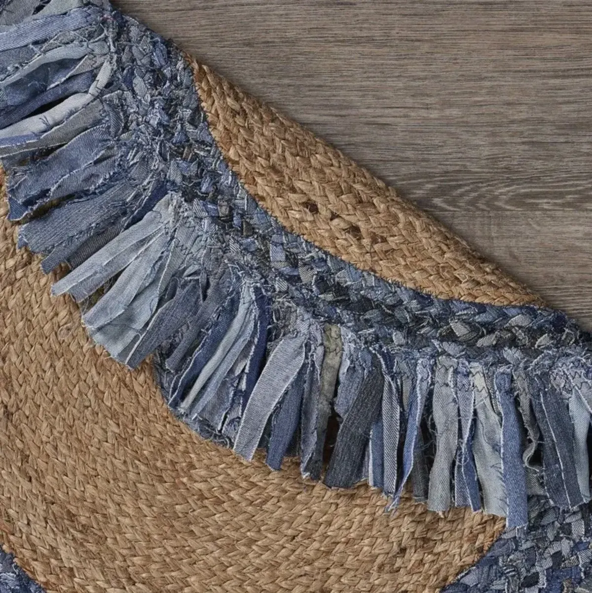 Jute Fringed Round Rug - Denim And Natural