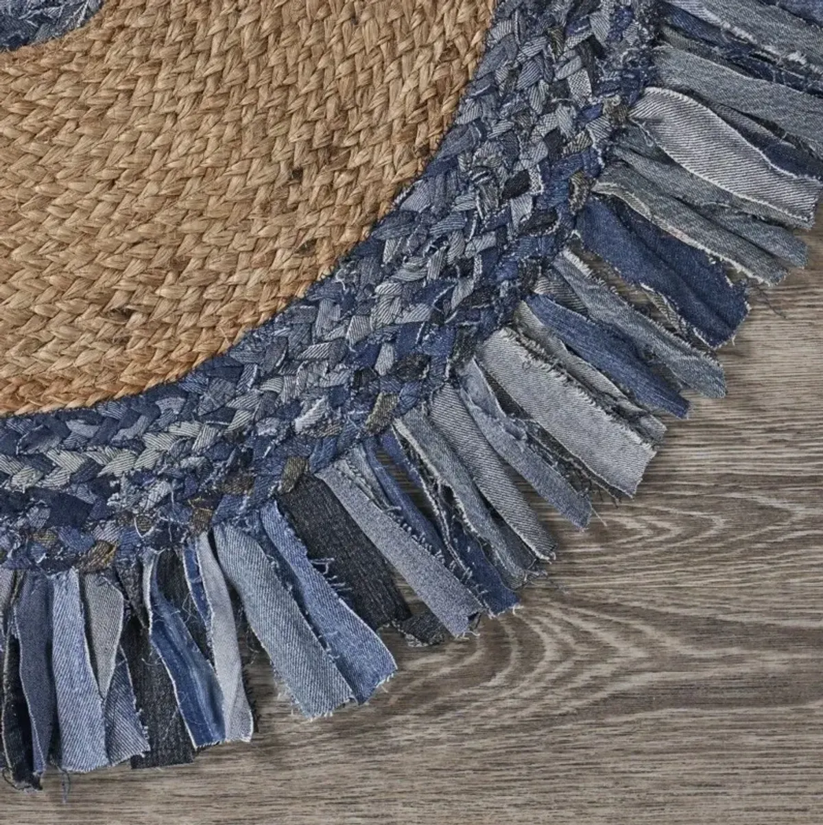 Jute Fringed Round Rug - Denim And Natural