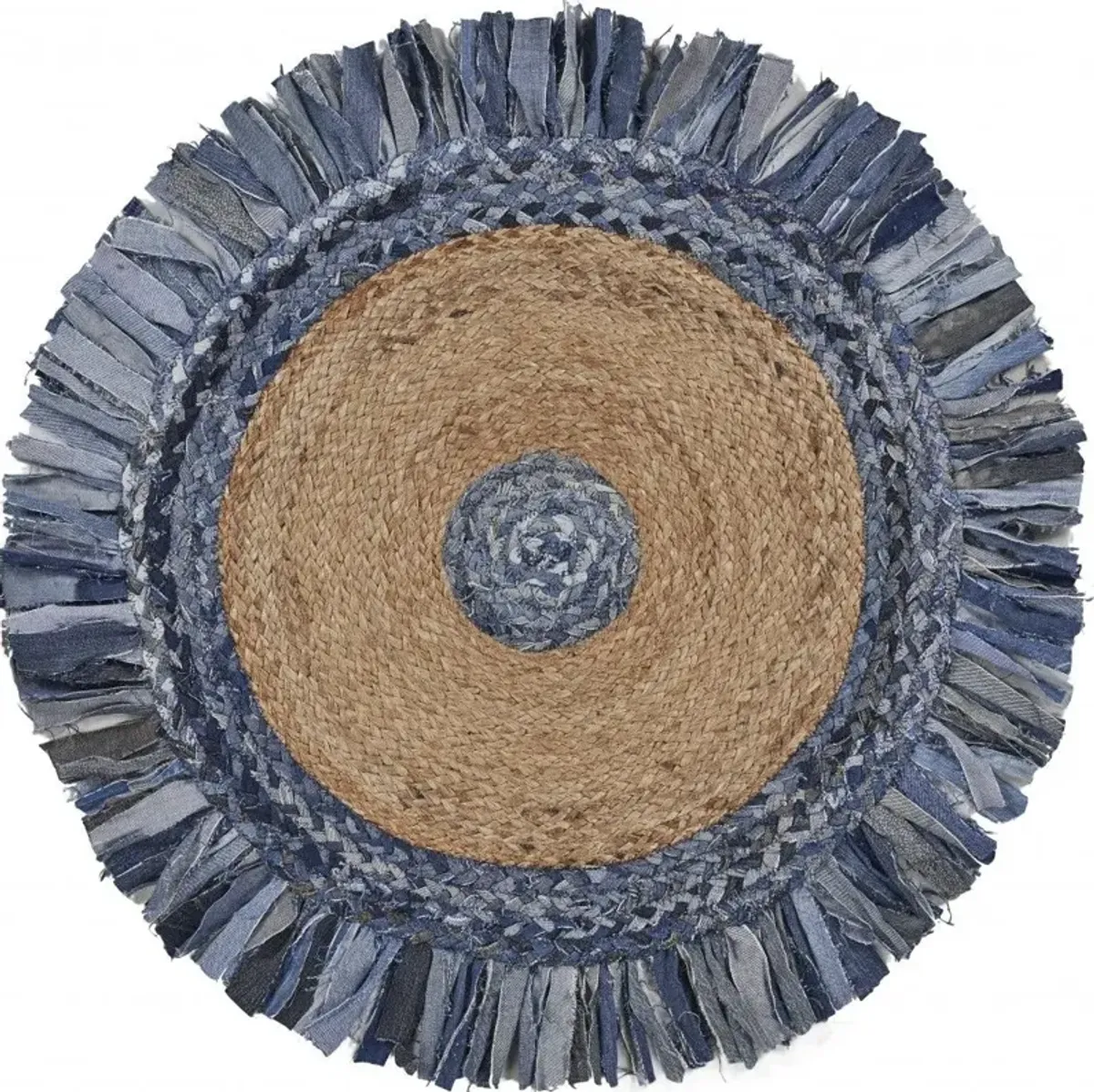 Jute Fringed Round Rug - Denim And Natural