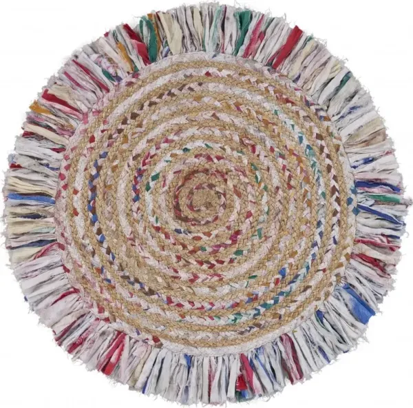Jute Fringed Round Rug - Bleached Multicolored Chindi And Natural