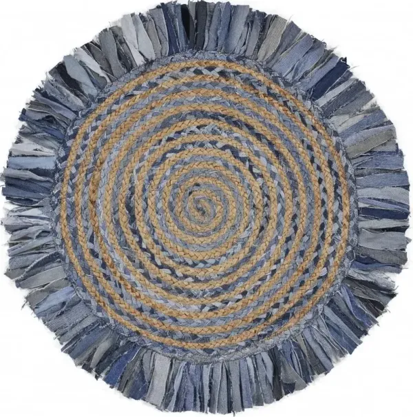 Jute Round Swirl Fringed Rug - Denim And Natural