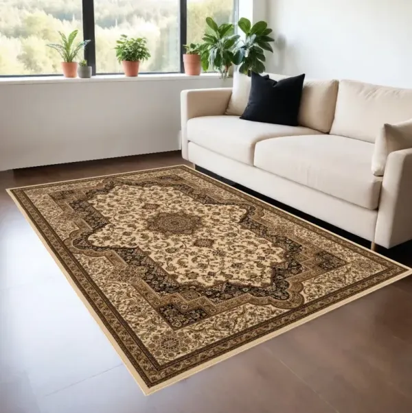 4' x 6' Oriental Power Loom Area Rug - Ivory And Black