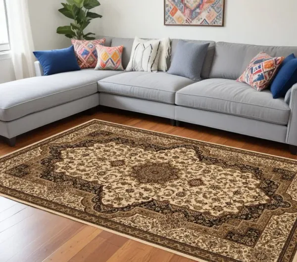 7' x 9' Oriental Power Loom Area Rug - Black And Ivory