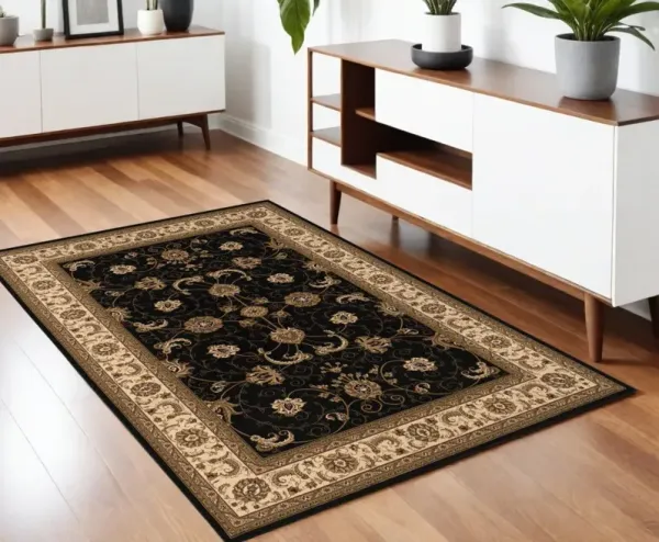 3.8' x 5.5' Oriental Power Loom Area Rug - Black And Ivory