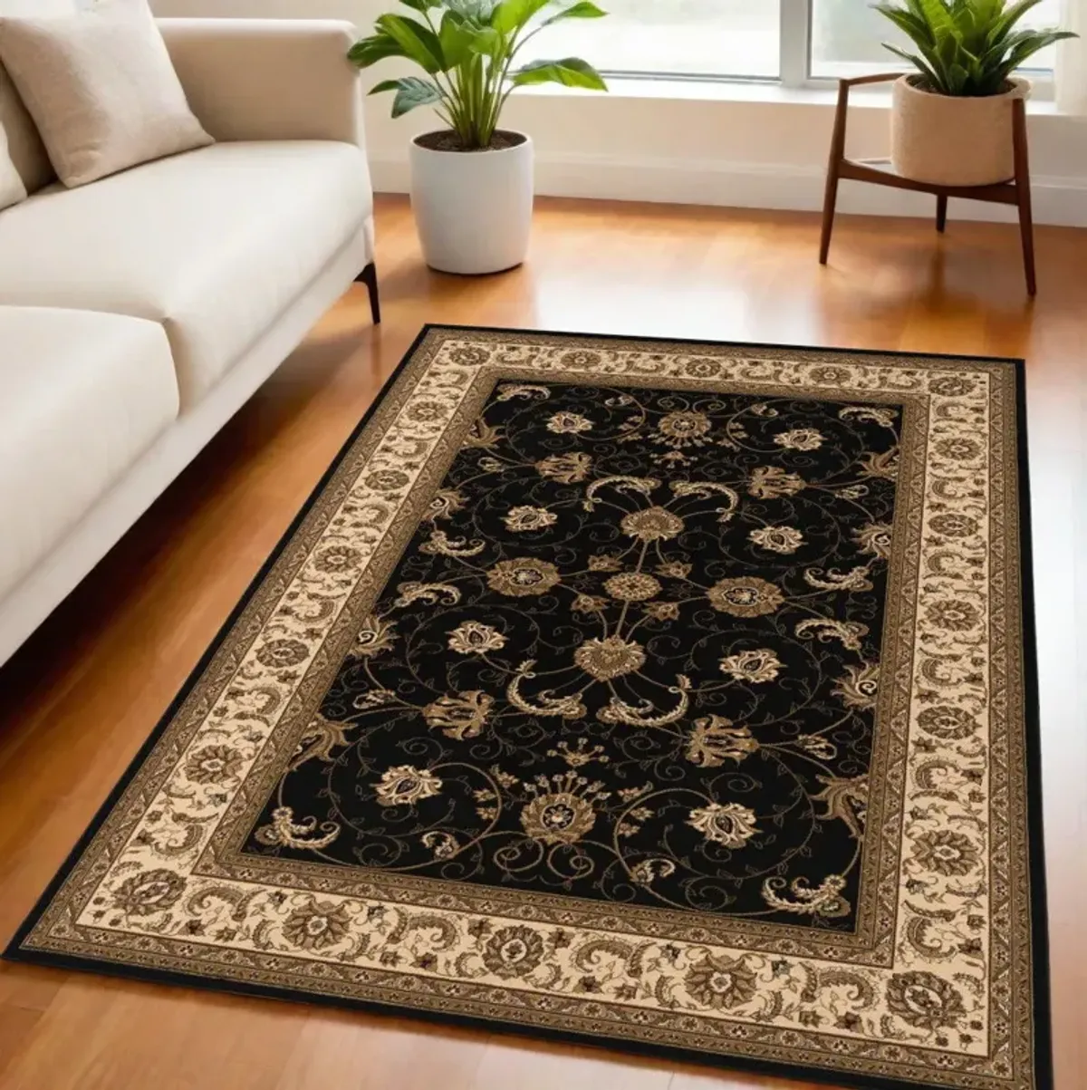 6.5' x 9.3' Oriental Power Loom Area Rug - Black And Ivory