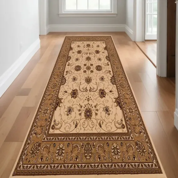 10' x 2.3' Runner Oriental Power Loom Runner Rug - Ivory And Beige