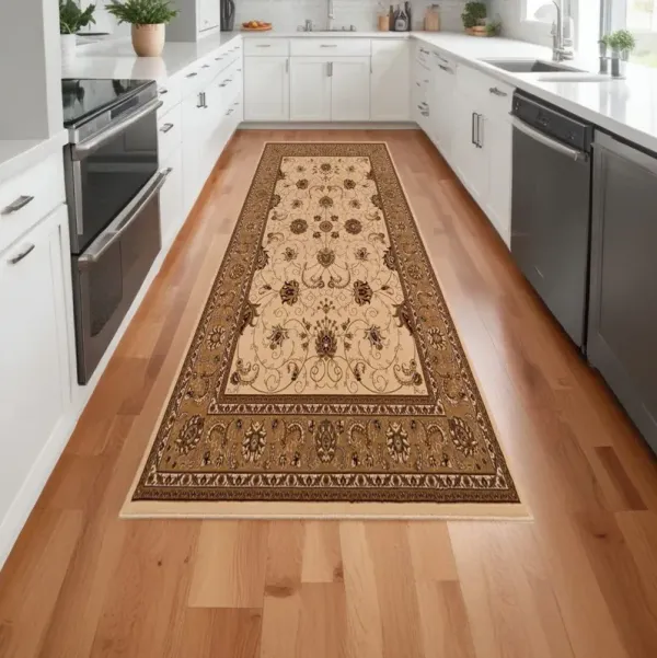 15' Runner Oriental Power Loom Runner Rug - Beige And Ivory