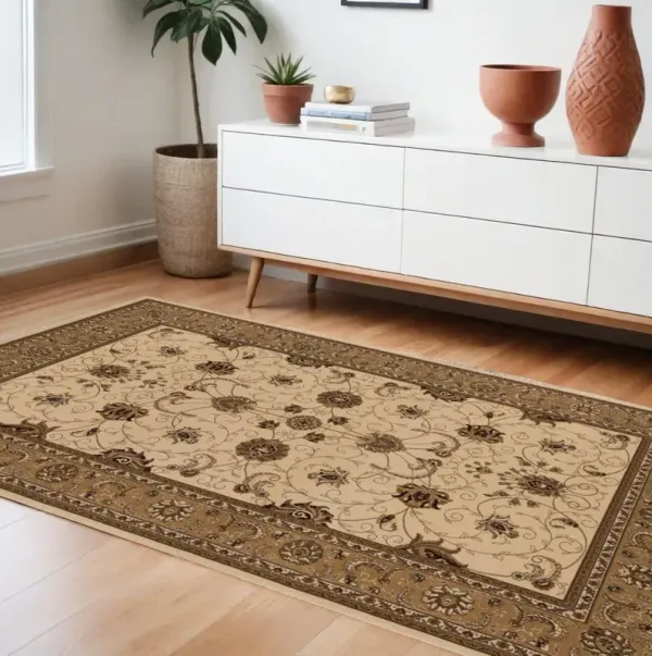 7' x 9' Oriental Power Loom Area Rug - Beige And Ivory