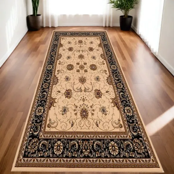 10' Runner Oriental Power Loom Runner Rug - Black And Ivory