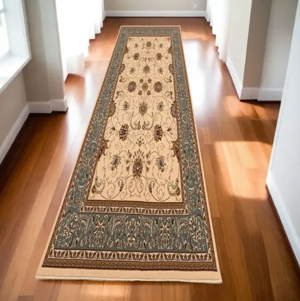 10' Runner Oriental Power Loom Runner Rug - Blue And Ivory