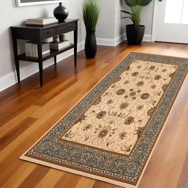 8' Runner Oriental Power Loom Runner Rug - Ivory And Blue