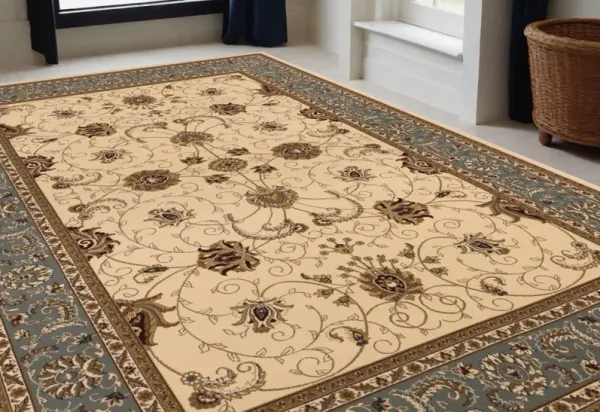 5.3' x 7.4' Oriental Power Loom Area Rug - Blue And Ivory